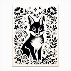 Fox In The Forest Linocut White Illustration 8 Canvas Print