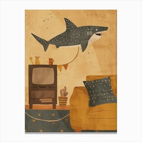 Shark In A Living Room Mustard Canvas Print