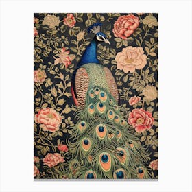 Vintage Peacock Wallpaper With Vibrant Flowers  4 Canvas Print