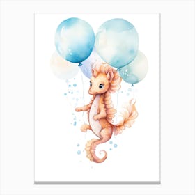 Baby Seahorse Flying With Ballons, Watercolour Nursery Art 2 Canvas Print