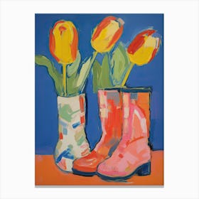 Painting Of Tulips Flowers And Cowboy Boots, Oil Style 3 Canvas Print