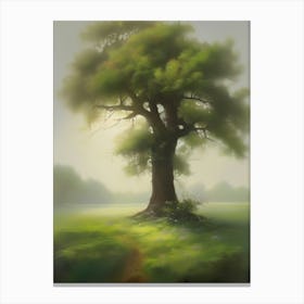 Oak tree, fine work of art, misty atmosphere, green meadow..5 Canvas Print