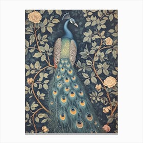 Blue Floral & Leaves Peacock Canvas Print