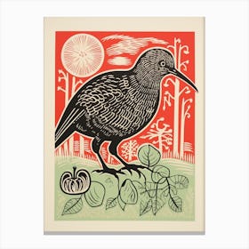Vintage Bird Linocut Kiwi 7 Canvas Print