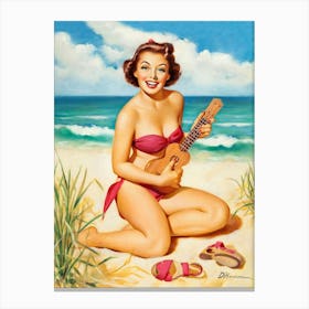 Pinup Beautiful Sexy Woman Plays Ukulele On The Hawaiian Coast Canvas Print