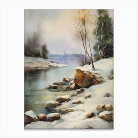 Ancient landscapes, old winter oil paintings and rocks around the lake bank. Snow is falling on the lake, old colors.8 2 Canvas Print