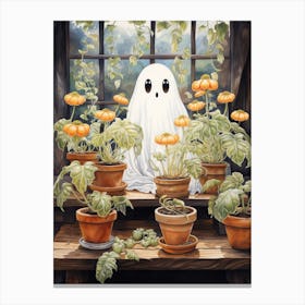 Cute Bedsheet Ghost, Botanical Halloween Watercolour 104 Canvas Print