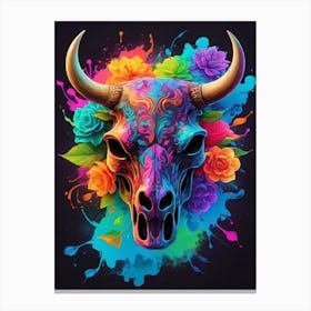Floral Bull Skull Neon Iridescent Painting (20) Canvas Print