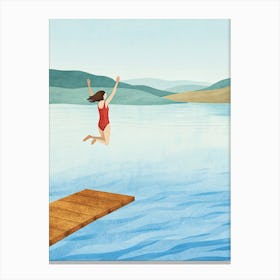 Woman Jumping Off A Dock Canvas Print