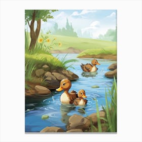 Animated Ducklings Swimming In The River 2 Canvas Print
