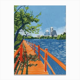 Lady Bird Lake And The Boardwalk Austin Texas Colourful Blockprint 3 Canvas Print