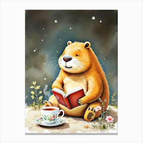 Funny Capcapybara Ebera Reading Book And Drink Tea Canvas Print