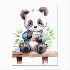 Baby Panda On A Toy Car, Watercolour Nursery 4 Canvas Print