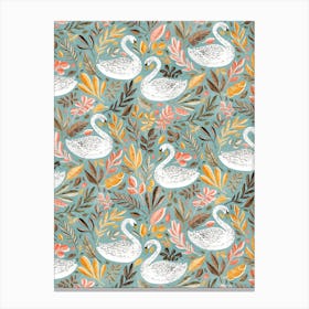 White Swans With Autumn Leaves On Sage Green Canvas Print