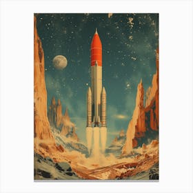 Space Odyssey: Retro Poster featuring Asteroids, Rockets, and Astronauts: Space Rocket Launch 1 Canvas Print