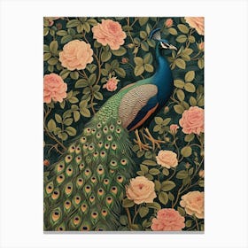 Floral Pink Roses Peacock 3 Canvas Print