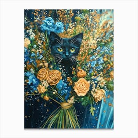 Black Cat With Flowers Canvas Print