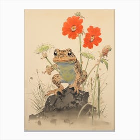 Frog And Flowers, Matsumoto Hoji Inspired Japanese Woodblock 2 Canvas Print