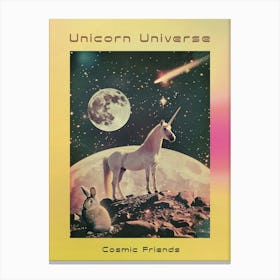 Unicorn In Space With A Bunny Retro Collage Poster Canvas Print