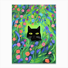 Black Cat In A Flower Field Irises Colourful Painting Canvas Print