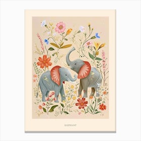 Folksy Floral Animal Drawing Elephant 1 Poster Canvas Print