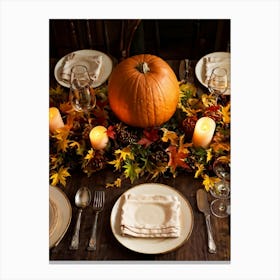 Autumnal Thanksgiving Table Setting Centering An Organic Pumpkin Surrounded By A Bounty Of Golden (2) Canvas Print