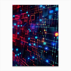 Abstract Digital Background With Interconnected Lines, Dots, And Glowing Elements In Red, Blue, And Yellow Hues Canvas Print