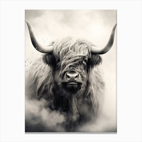 Black & White Illustration Of Highland Cow In The Clouds Canvas Print