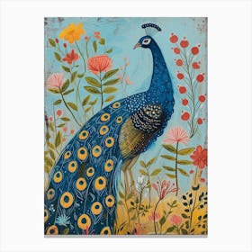 Floral Folky Peacock In The Meadow 4 Canvas Print
