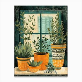 Sweet Illustrations Of Potted Herbs On The Windowsil 1 Canvas Print