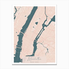 Manhattan New York Pink and Blue Cute Script Street Map 1 Canvas Print