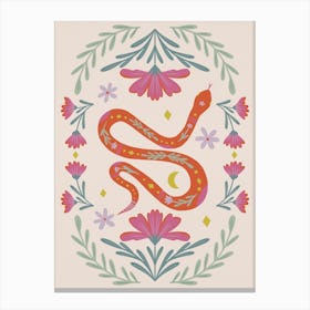 Cute Floral Snake Orange And Pink Canvas Print