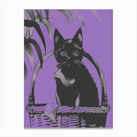 Black Kitty Cat In A Basket Lilac Canvas Print