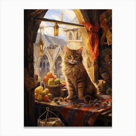 Cat At Medieval Fruit Market 1 Canvas Print