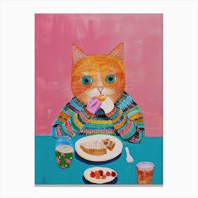 Happy Orange Cat Having Breakfast Folk Illustration 1 Canvas Print