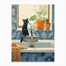 Black And White Cats In The Kitchen Sink, Mediterranean Style 0 Canvas Print