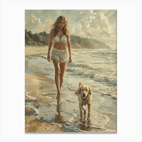 Woman And Her Dog On The Beach Canvas Print