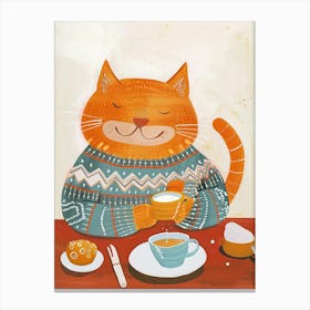 Happy Orange Cat Having Breakfast Folk Illustration 4 Canvas Print