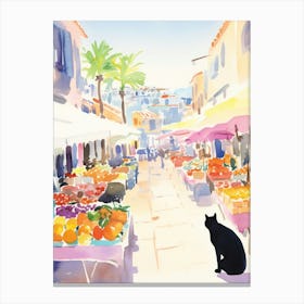 Food Market With Cats In Malibu 1 Watercolour Canvas Print