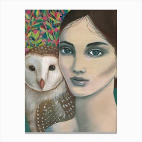 Owl And Woman Canvas Print