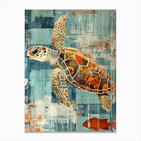 Sea Turtle Mixed Media Blue Collage Canvas Print
