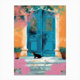 Black Cat Mediterranean Blue Door Illustration Canvas Print
