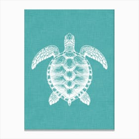 Vintage Sea Turtle Silhouette On Teal Linen Texture Canvas Print