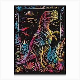 Neon Dinosaur Lines In The Leaves 3 Canvas Print