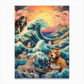 The Great Wave Off Kanagawa With Dogs Kitsch Canvas Print
