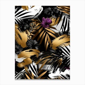 Seamless Pattern With Gold And Black Leaves Canvas Print