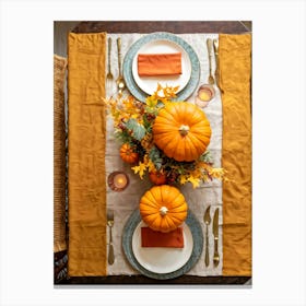 Autumn Themed Dinner Table Centerpiece Of Intertwined Golden Orange Pumpkin Vines Scattered Leaves (2) Canvas Print