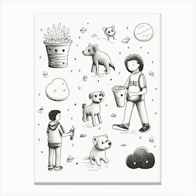 Dog People Black And White Line Art Canvas Print