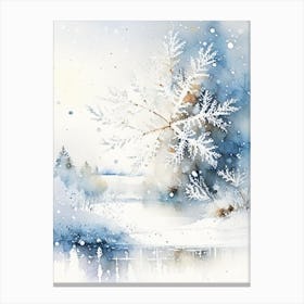 Snowflakes Falling By A Lake, Snowflakes, Storybook Watercolours 2 Canvas Print