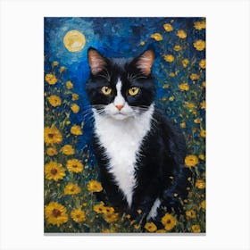 Klimt Style Tuxedo Black Cat in Garden Flowers Meadow Gold Leaf on a Full Moon Painting - Gustav Klimt and Monet Waterlillies Inspired Textured Wall Decor - Super Vibrant HD High Resolution Canvas Print